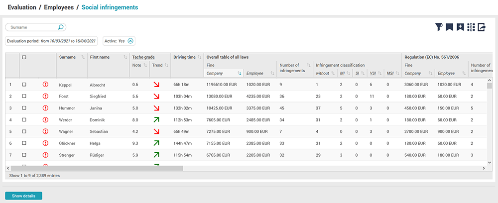 Screenshot TachoWeb Social infringement overview