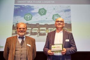 Dr. Harald Hempel and Robert Domina, HUSS-Verlag, at the award ceremony of the European Transport Prize for Sustainability
