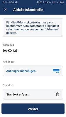 Screenshot der Abfahrtskontrolle in der App DAKO drive