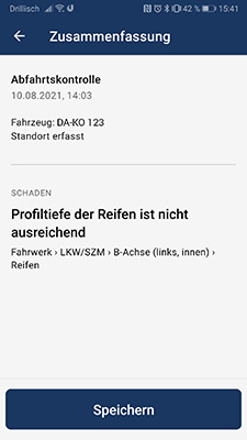 Screenshot der Abfahrtskontrolle in der App DAKO drive