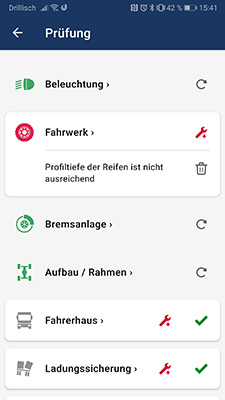 Screenshot der Abfahrtskontrolle in der App DAKO drive