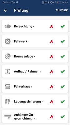 Screenshot der Abfahrtskontrolle in der App DAKO drive