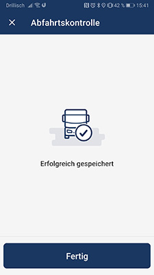 Screenshot der Abfahrtskontrolle in der App DAKO drive