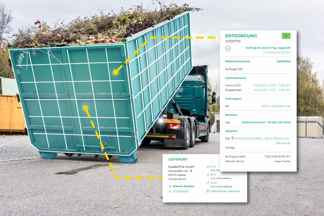 LKW lädt Container ab, DAKO Sales Angaben im Bild